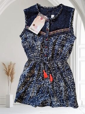 Japna Kids Navy Patterned Girls' One-Piece Shorts Romper with Pink Tassels